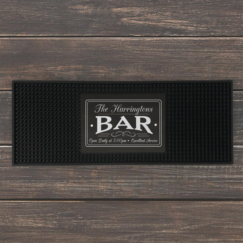 Personalized Family Name Bar Open Daily with Time Bar Mat -