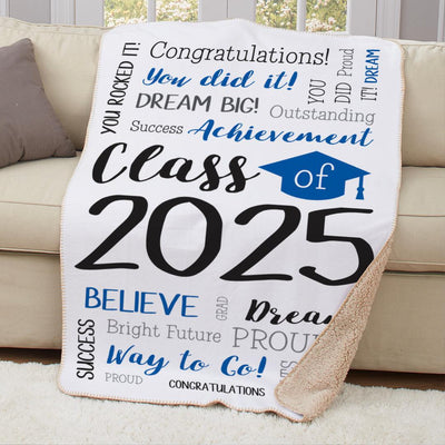 Personalized Blue Graduation Class of Word Art Sherpa Lined Blanket with Cap -