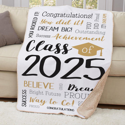 Personalized Gold Graduation Class of Word Art Sherpa Lined Blanket with Cap -