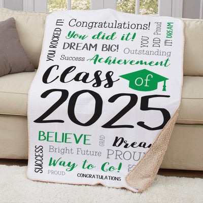 Personalized Green Graduation Class of Word Art Sherpa Lined Blanket with Cap -