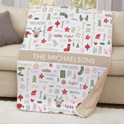 Personalized Large Soft Christmas Word Art Sherpa Lined Throw Blanket - Tan