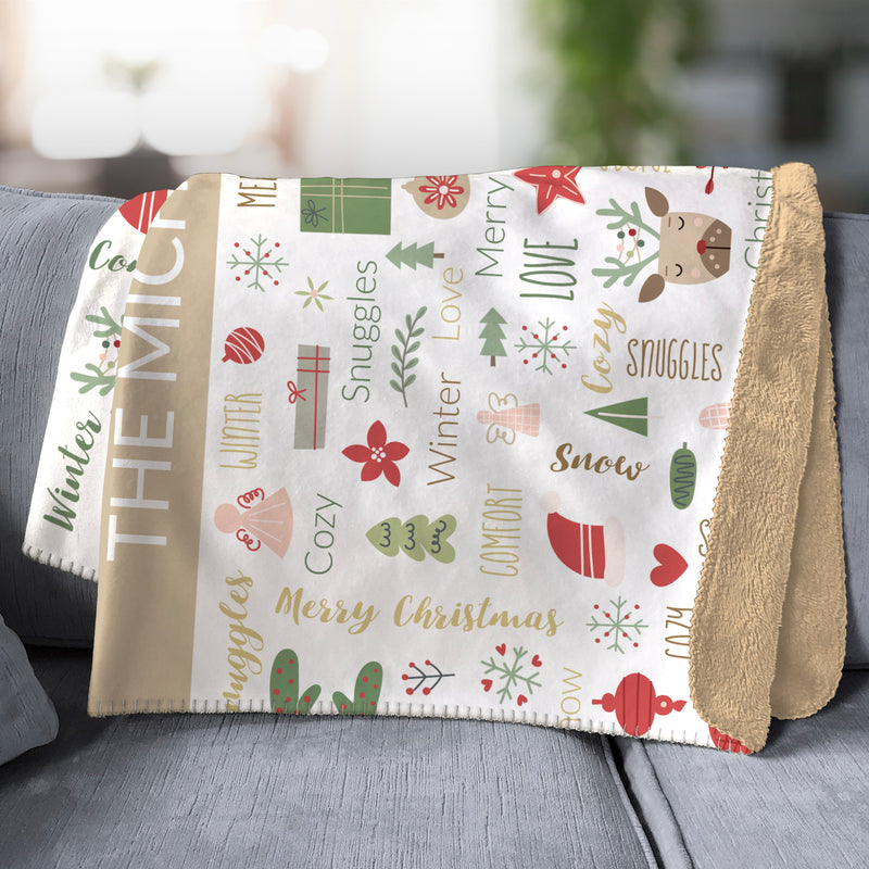 Personalized Large Soft Christmas Word Art Sherpa Lined Throw Blanket -