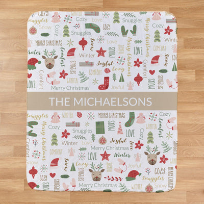 Personalized Large Soft Christmas Word Art Sherpa Lined Throw Blanket -