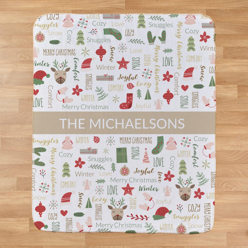 Personalized Large Soft Christmas Word Art Sherpa Lined Throw Blanket -