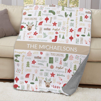 Personalized Large Soft Christmas Word Art Sherpa Lined Throw Blanket - Grey