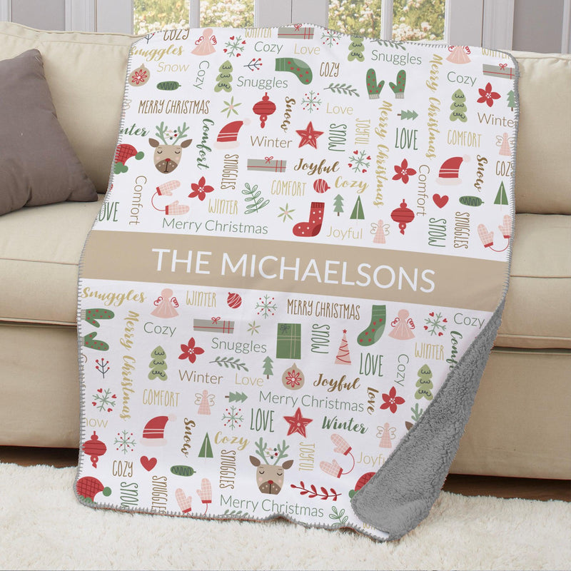 Personalized Large Soft Christmas Word Art Sherpa Lined Throw Blanket - Grey