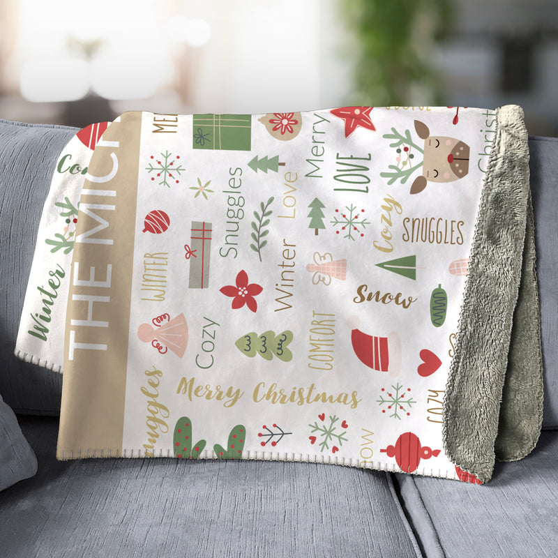 Personalized Large Soft Christmas Word Art Sherpa Lined Throw Blanket -