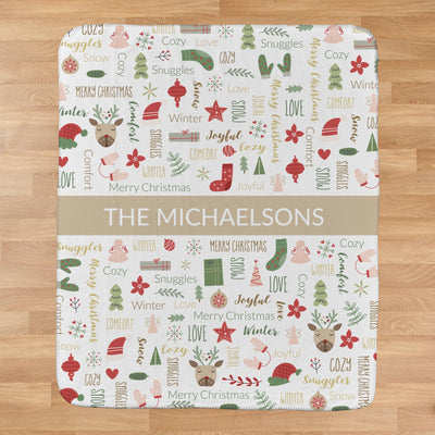 Personalized Large Soft Christmas Word Art Sherpa Lined Throw Blanket -