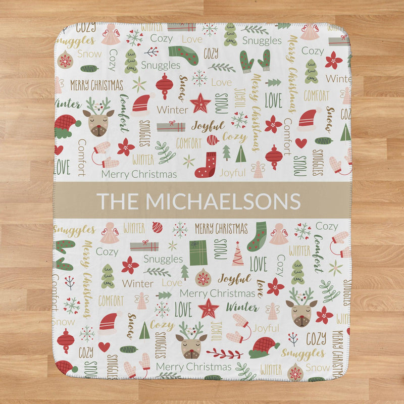 Personalized Large Soft Christmas Word Art Sherpa Lined Throw Blanket -