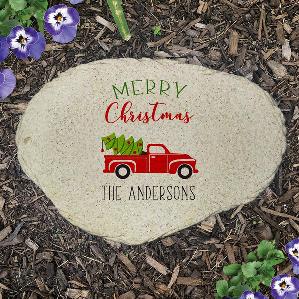 Personalized Red Truck Christmas Flat Garden Stone -