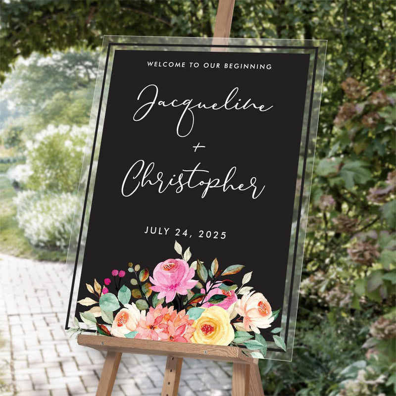 Personalized Bright Florals on Black Acrylic-Sign -