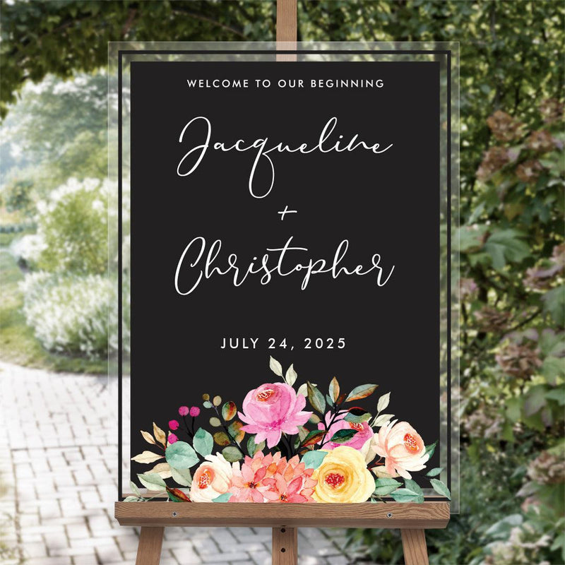 Personalized Bright Florals on Black Acrylic-Sign -