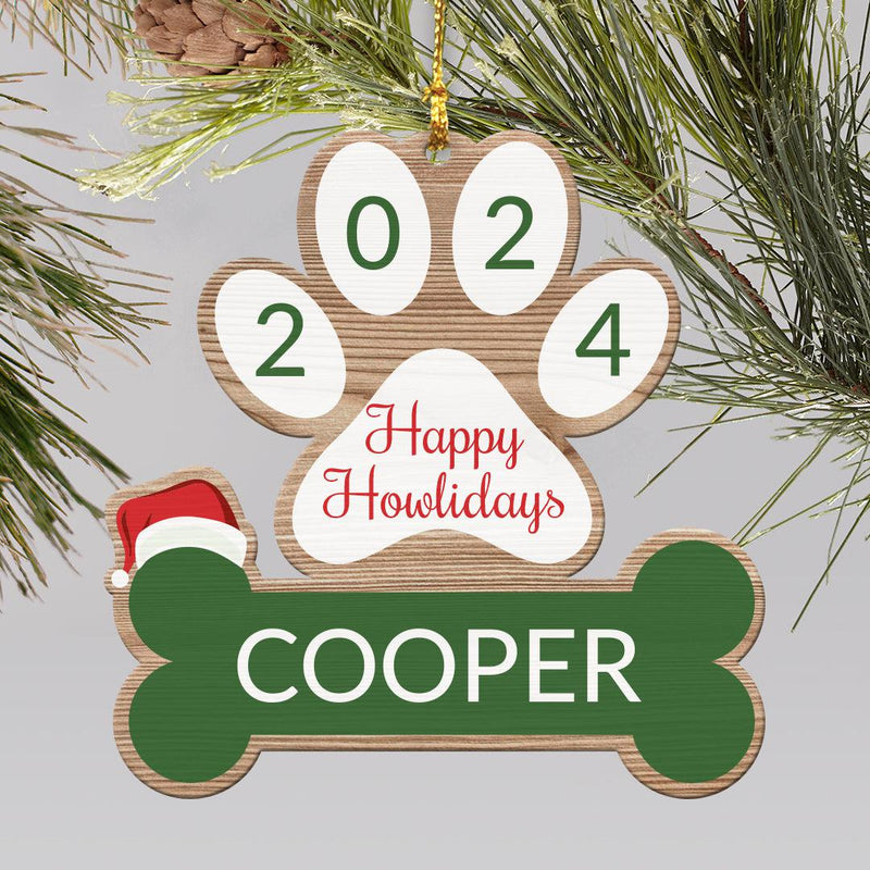 Personalized Paw Bone Santa Hat Wood Ornament -