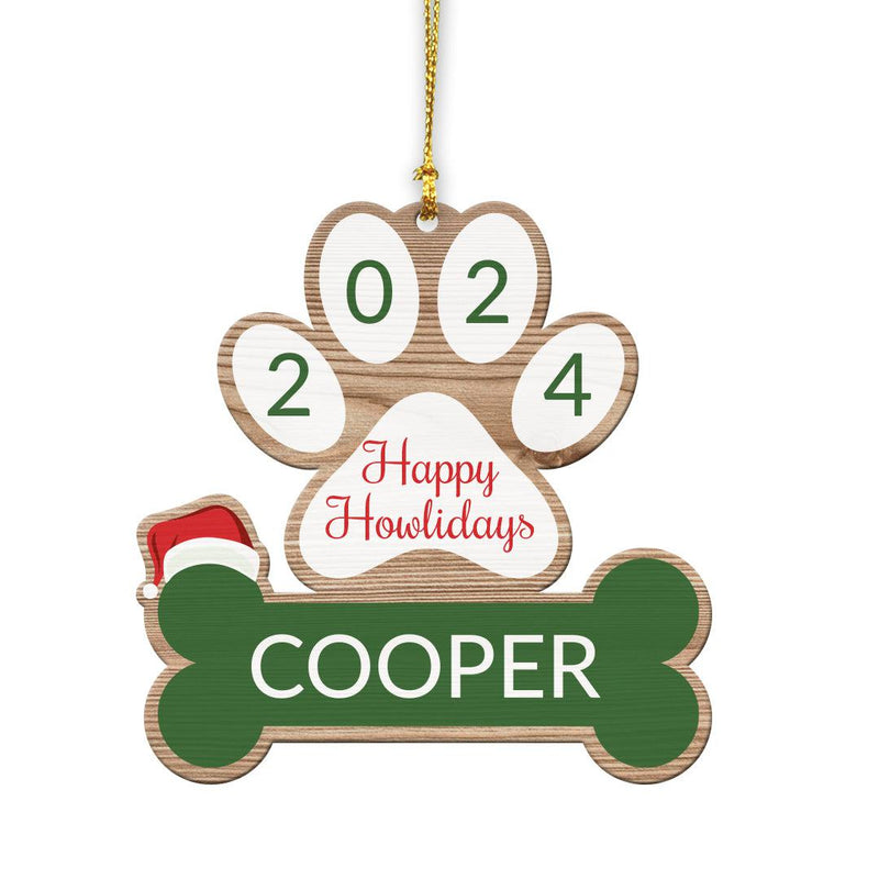 Personalized Paw Bone Santa Hat Wood Ornament -
