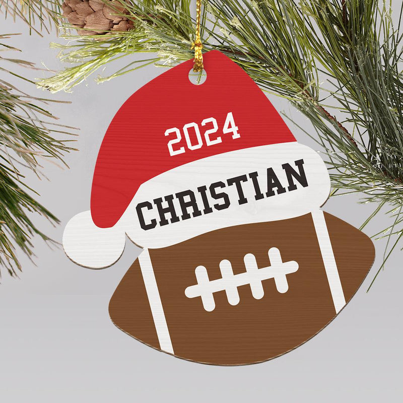Personalized Santa Hat Football Wood Ornament -