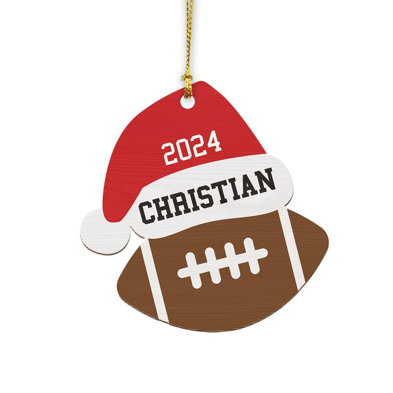Personalized Santa Hat Football Wood Ornament -