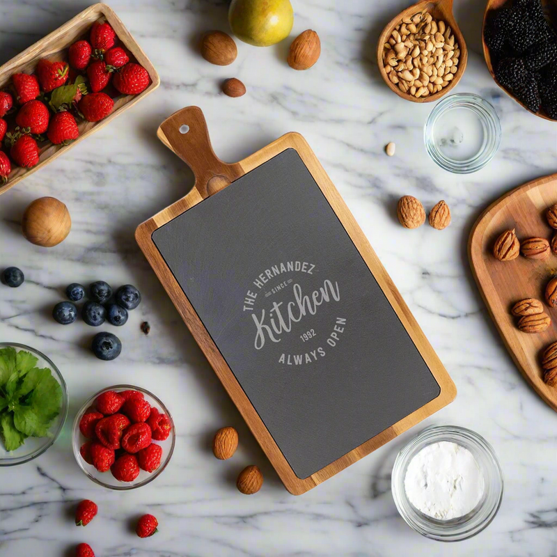 Personalized Acacia and Slate Cutting Board with Handle -