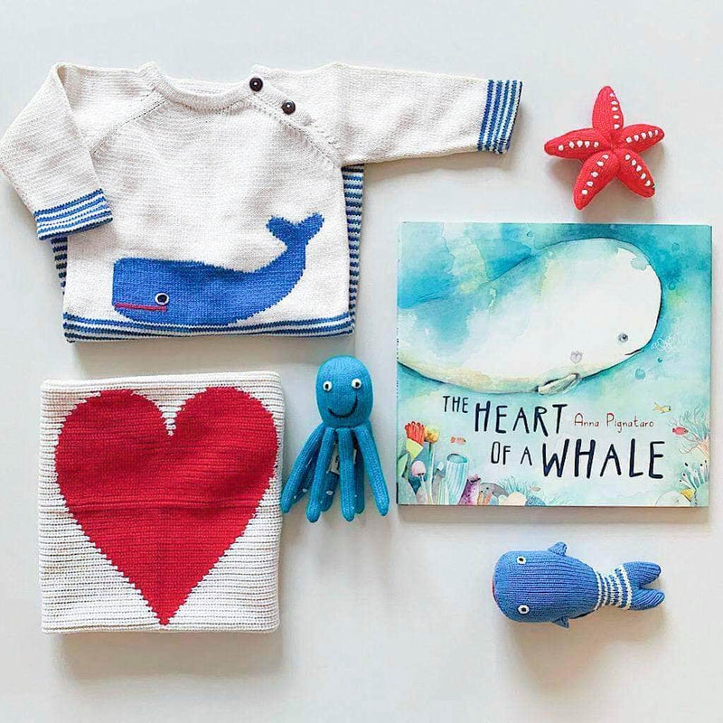 Baby Gift Set - Handmade Whale Long Romper, Heart Lovey, Sea Rattles and Whale Book -