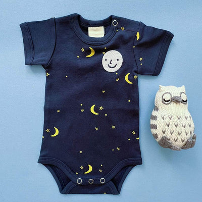 Moon & Stars Organic Baby Onesie & Owl Rattle Set - Yellow / 0-3 M
