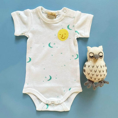 Moon & Stars Organic Baby Onesie & Owl Rattle Set - Green / 0-3 M
