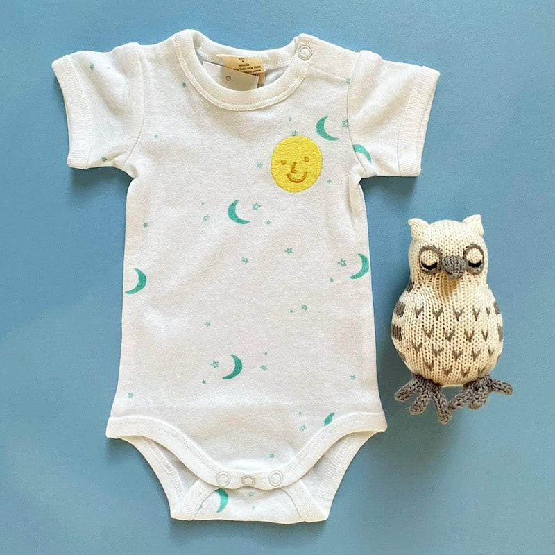 Moon & Stars Organic Baby Onesie & Owl Rattle Set - Green / 0-3 M