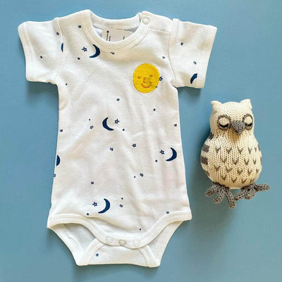 Moon & Stars Organic Baby Onesie & Owl Rattle Set - Navy / 0-3 M