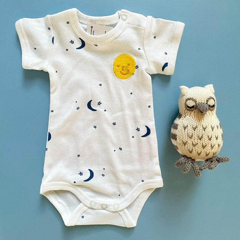 Moon & Stars Organic Baby Onesie & Owl Rattle Set - Navy / 0-3 M