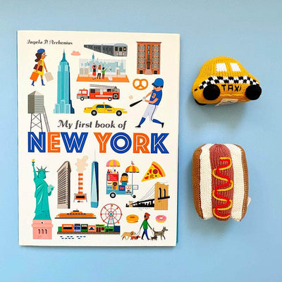 New York Baby Gift Set - "My first book of New York", Organic Newborn Rattle Toys | Taxi and Hot Dog -
