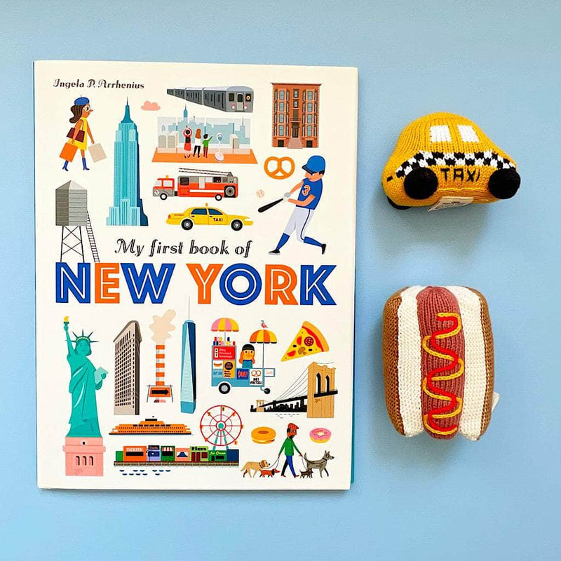 New York Baby Gift Set - "My first book of New York", Organic Newborn Rattle Toys | Taxi and Hot Dog -