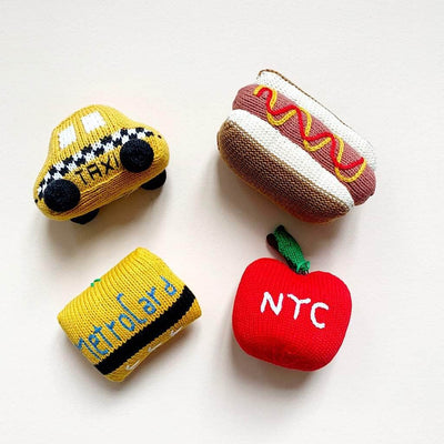 New York City Baby Gift Set - Organic Newborn Toy Rattles | Taxi, Metro Card, hot dog & Apple -