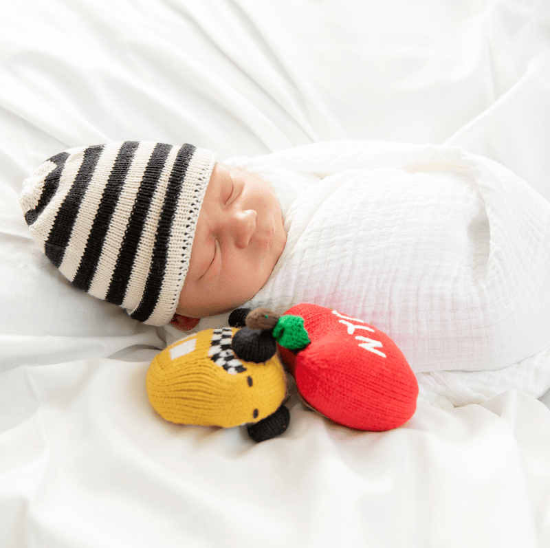 New York City Baby Gift Set - Organic Newborn Toy Rattles | Taxi, Metro Card, hot dog & Apple -