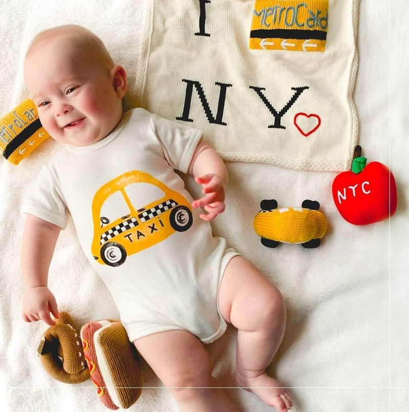 New York City Baby Gift Set - Organic Newborn Toy Rattles | Taxi, Metro Card, hot dog & Apple -