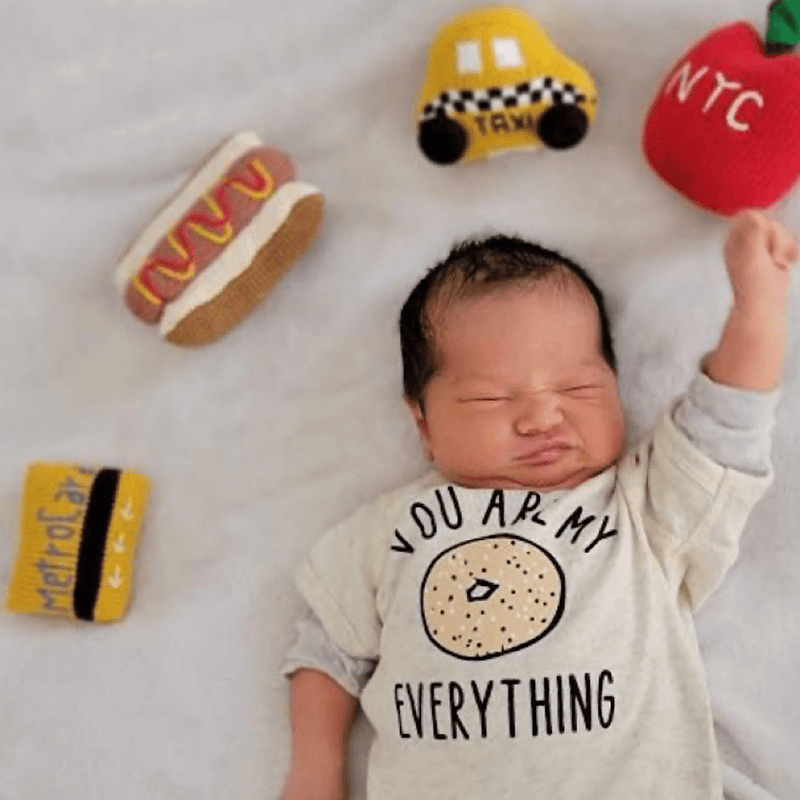 New York City Baby Gift Set - Organic Newborn Toy Rattles | Taxi, Metro Card, hot dog & Apple -