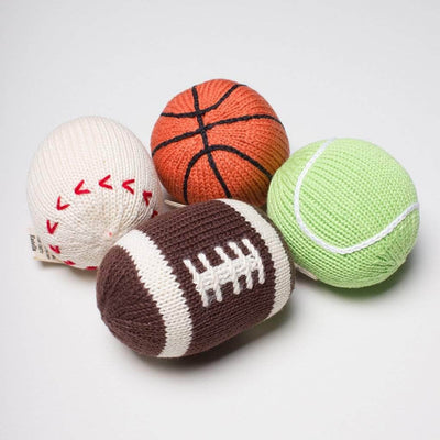 Organic Baby Ball Toy Rattles Set - Football, Baseball, Basketball & Tennis -