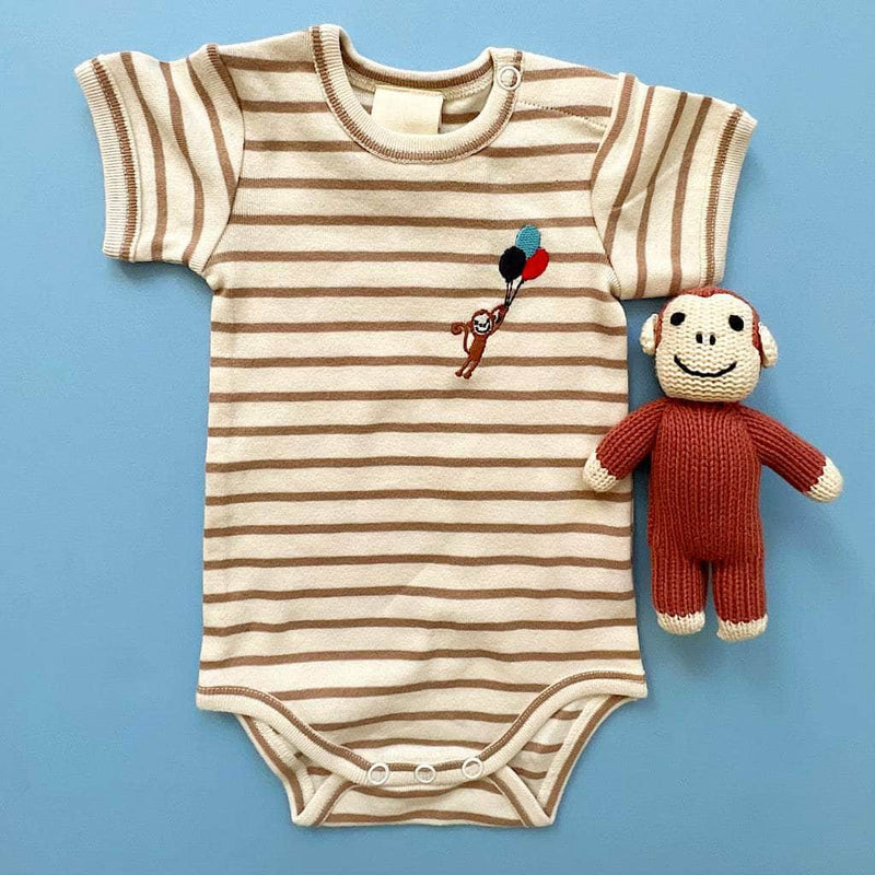 Organic Baby Gift Set, Animal Onesie and Rattle - 0-3 M / Monkey