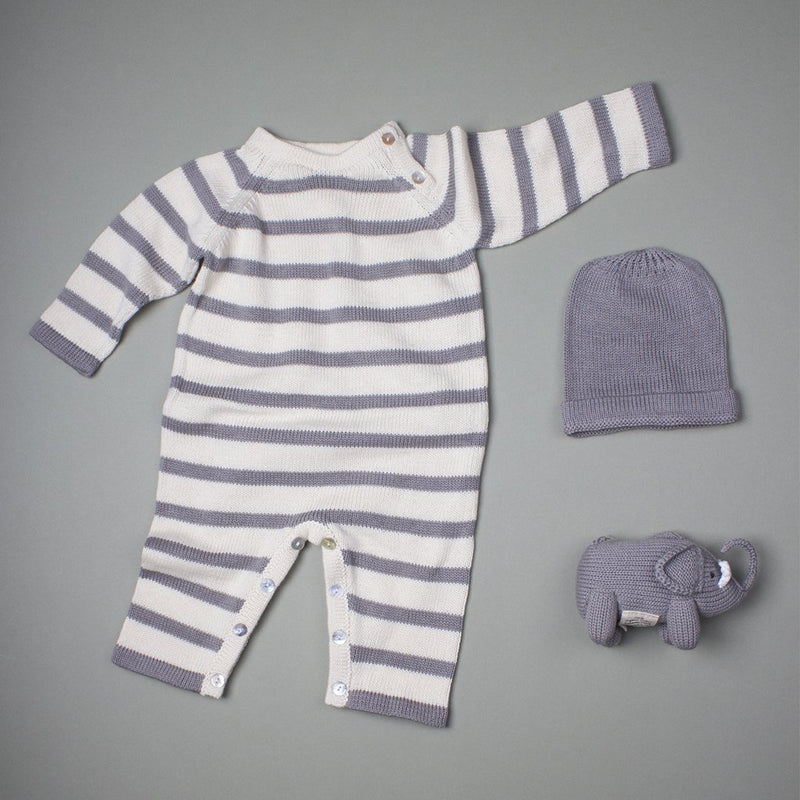 Organic Baby Gift Set - Handmade Newborn Long Romper, Hat & Rattle Toy | Elephant -