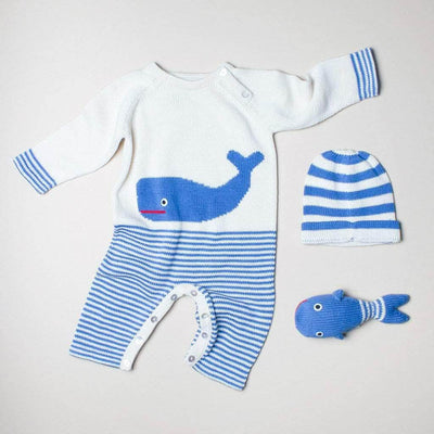 Organic Baby Gift Set - Handmade Newborn Long Romper, Hat & Rattle Toy | Whale -