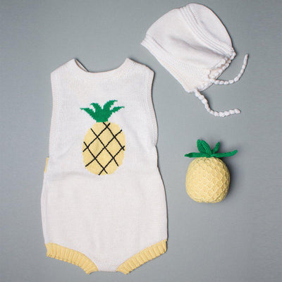 Organic Baby Gift Set - Handmade Newborn Romper, Bonnet Hat & Rattle Toy | Pineapple -  - Estella