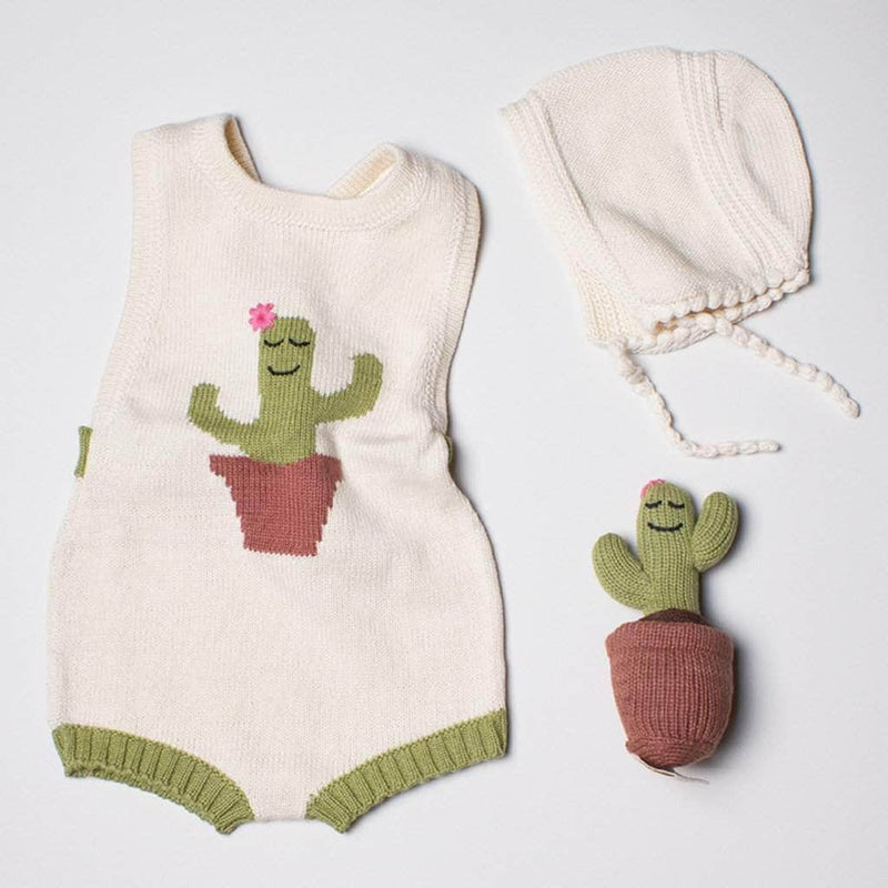 Organic Baby Gift Set - Handmade Newborn Romper, Bonnet & Rattle Toy | Cactus -
