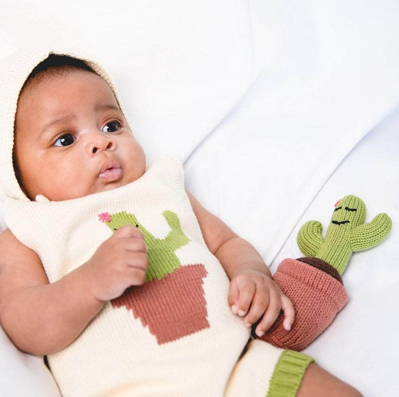 Organic Baby Gift Set - Handmade Newborn Romper, Bonnet & Rattle Toy | Cactus -