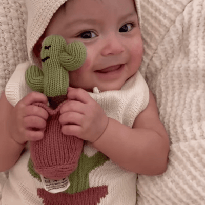 Organic Baby Gift Set - Handmade Newborn Romper, Bonnet & Rattle Toy | Cactus -