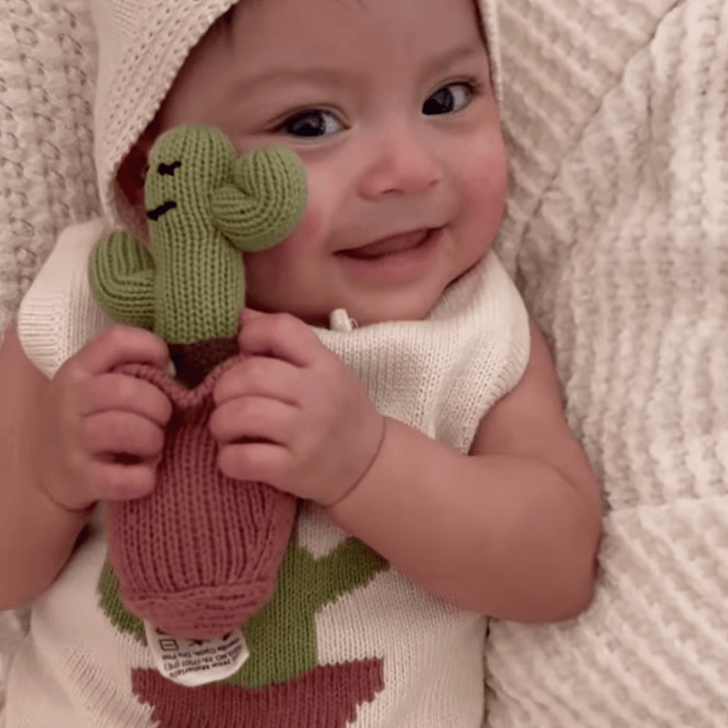 Organic Baby Gift Set - Handmade Newborn Romper, Bonnet & Rattle Toy | Cactus -