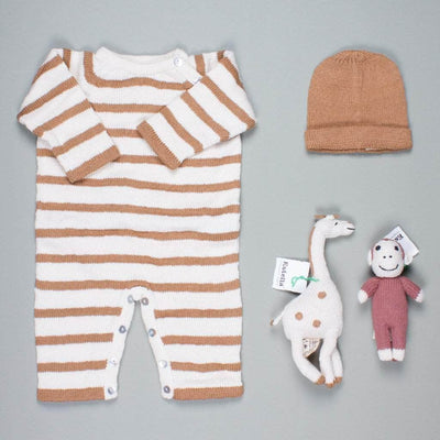 Organic Baby Gift Set | Knit Romper, Hat, Giraffe & Monkey Toys -