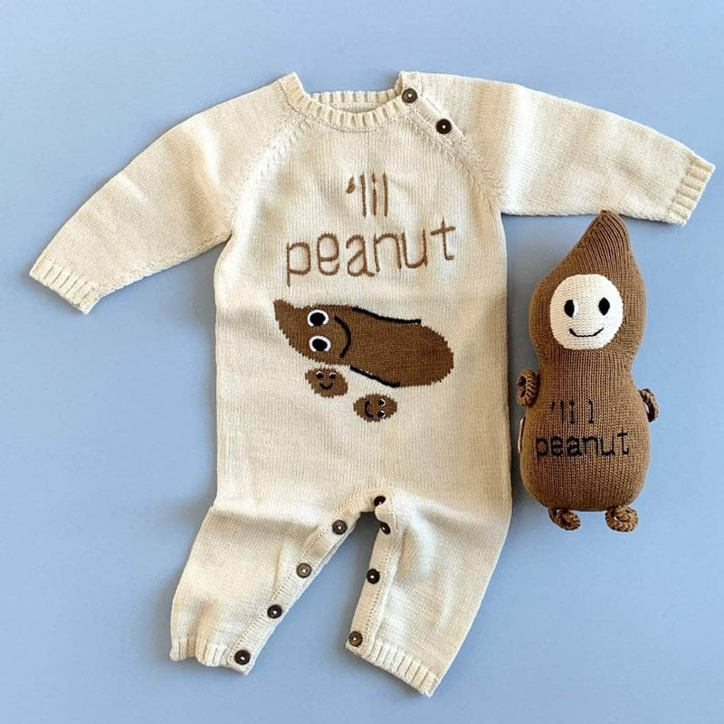 Organic Baby Gift Set - Knitted Baby Romper & Stuffed Animal, Lil Peanut -