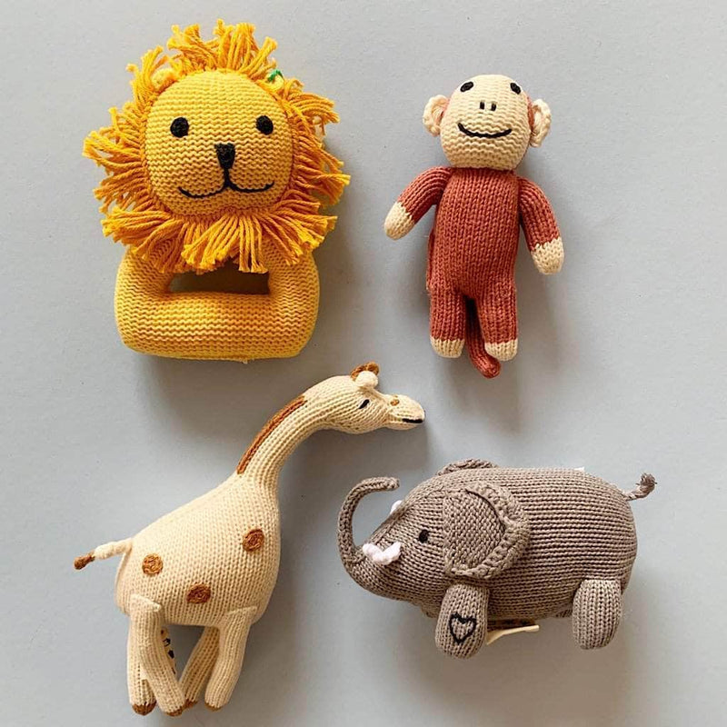 Organic Baby Gift Set | Lion, Elephant, Giraffe & Monkey Rattles -