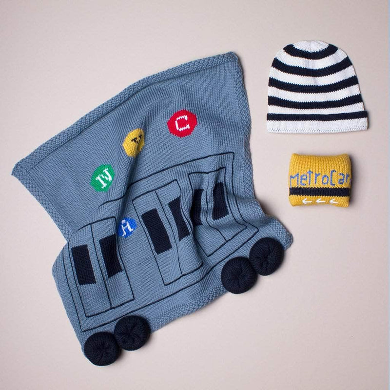 Organic Baby Gift Set - Newborn Security Blanket, Rattle Toy & Hat | New York MTA Train & Metro Card -  - Estella