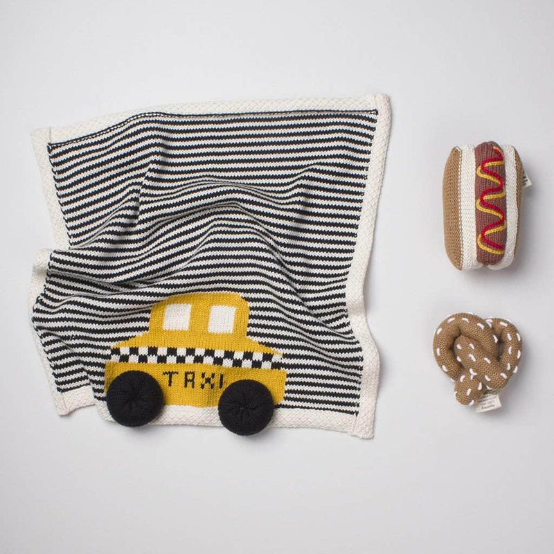 Organic Baby Gift Set - Newborn Security Blanket, Rattle Toys | NYC Taxi, Hot Dog & Pretzel -