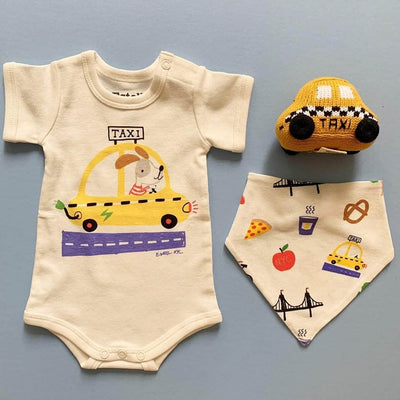 Organic Baby Gift Set - NYC Taxi Infant Onesie, Newborn Rattle Toy & Bib -  - Estella