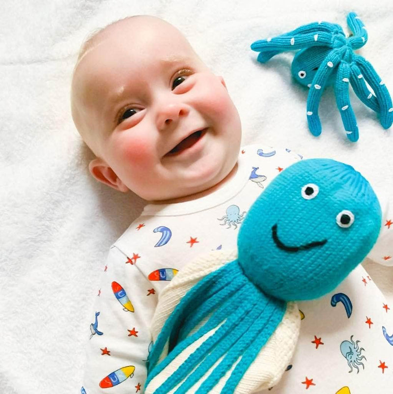 Organic Baby Gift Set - Octopus Security Blanket, Starfish Newborn Rattle & Hat -