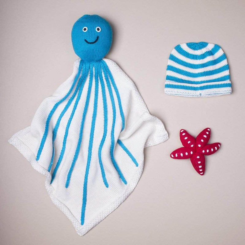 Organic Baby Gift Set - Octopus Security Blanket, Starfish Newborn Rattle & Hat -